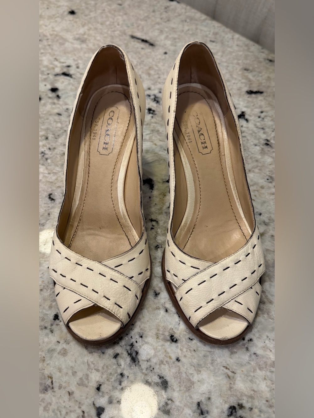 COACH Cream Open-Toe Leather Pumps with Contrast Stitching